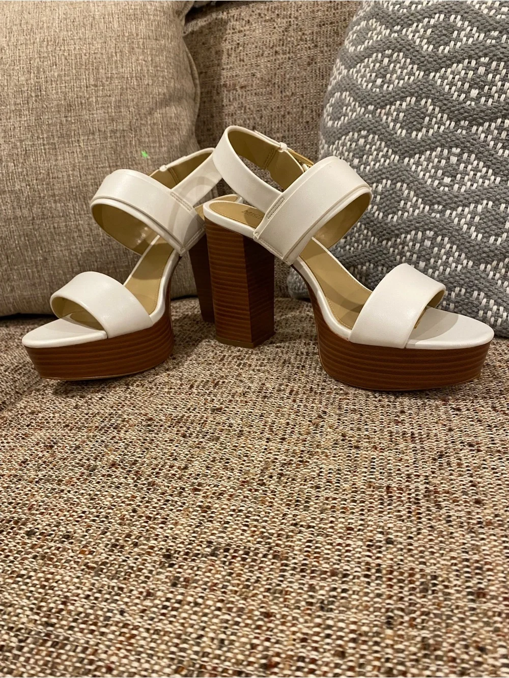 Michael Kors White Platform Block Heel Sandals with Brown Wood-Look Sole